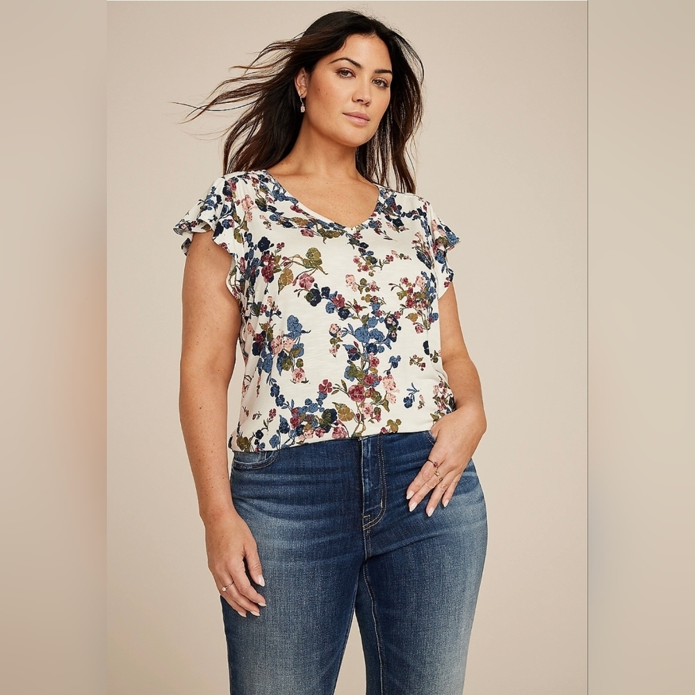 Maurices Plus Size Floral Flutter Sleeve V Neck Tee NWTs